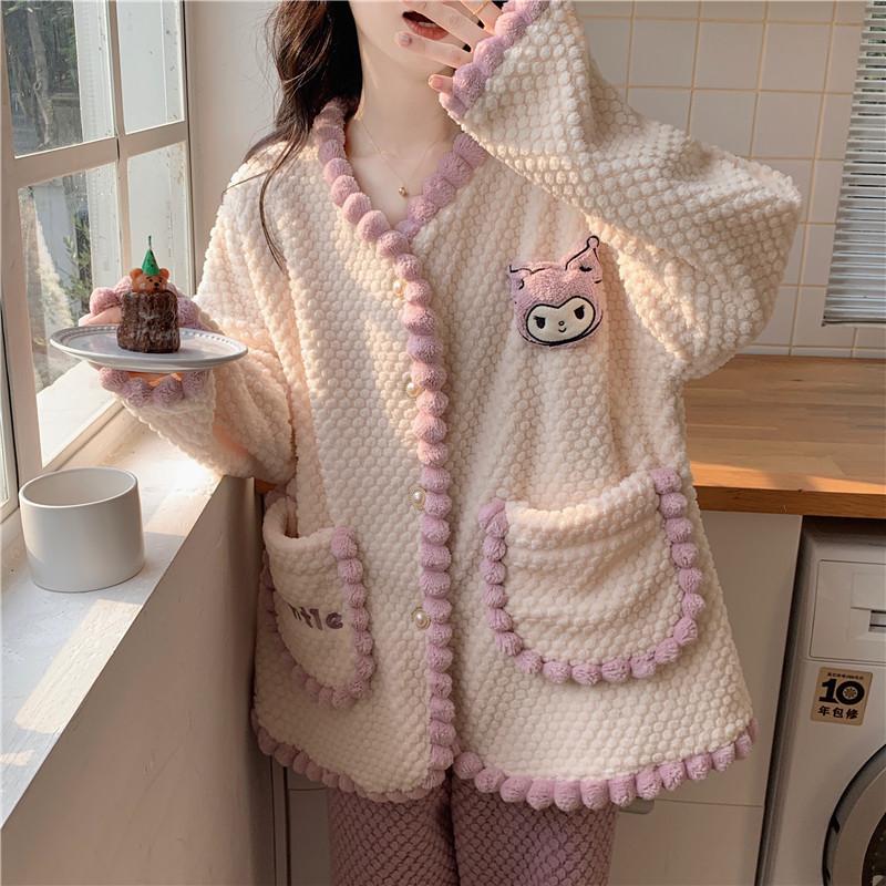 Autumn/Winter Coral Velvet Pajamas for Women Warm Casual Flannel with Velvet Thickened Can Be Worn Outside The Home Suit