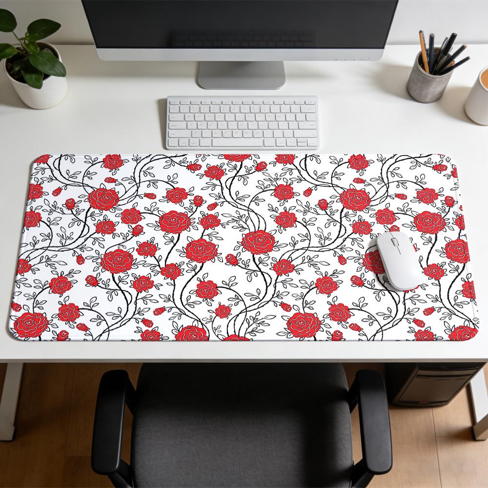 Red Floral Pattern MousePad Rubber NonSlip Gaming Mouse Pad Mechanical Keyboard Computer Desk Mat Office and Gaming Accessories