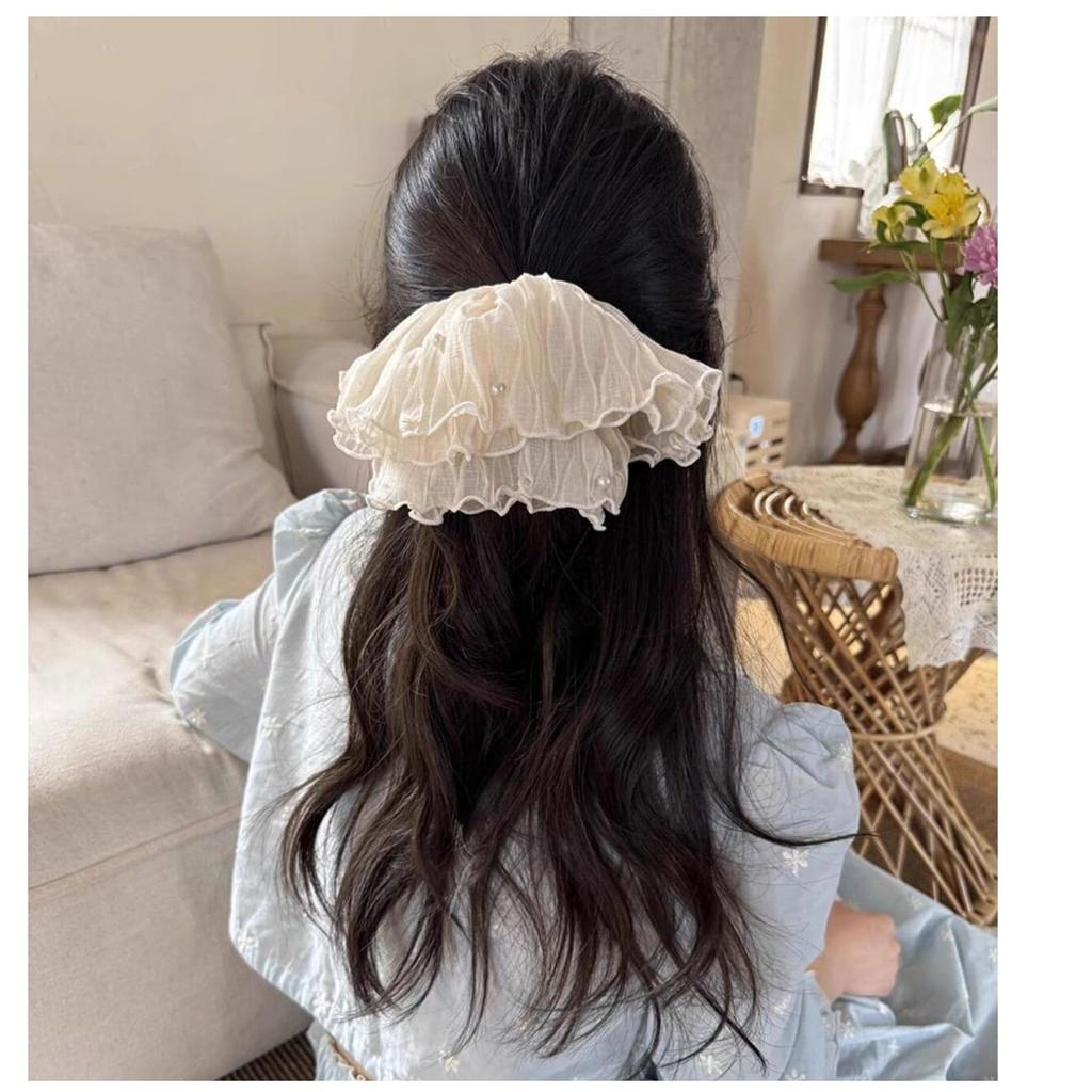 Langzu Large Pearl Satin Hair Elegant and Stylish for Everyday Leaves No Adds Volume to Hair Scrunchies, Ties, Use, 2-Piece Set, Marks, Hair, Women's