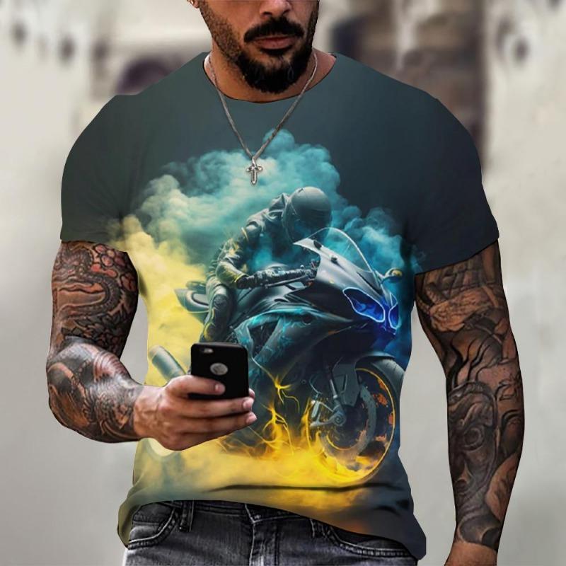 Men's Motorcycle Pattern T-shirt 3D Printed Round Neck T-shirt Casual Loose Men Quick Drying Breathable Comfortable