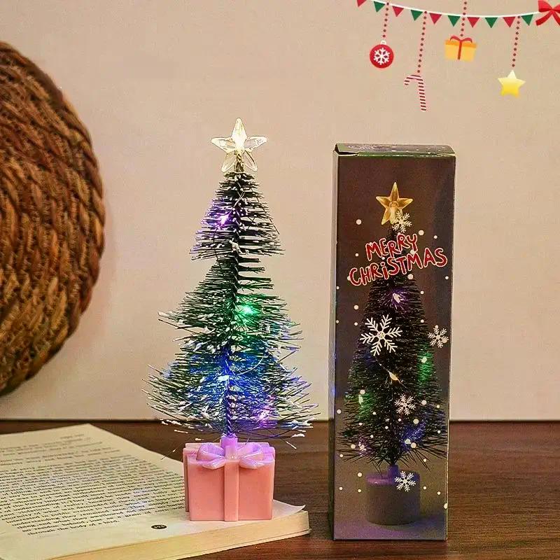 Mini Christmas Trees With LED Light Decor Tabletop Crafting DIY Christmas Gift Green Brush Trees Plastic Winter Snow Ornaments