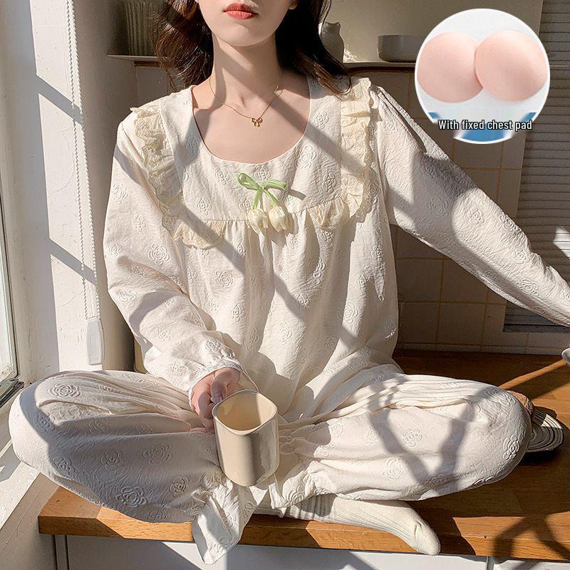 

Women s Long Sleeve Pajama Set with Chest Pads, Princess Style, Sweet Home Wear, Spring/Autumn, 2-Piece, Suitable for Outdoors. XXL (125-145 lbs) бежевый