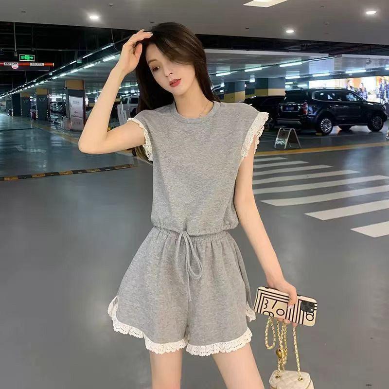 

Women s Gray French Style Casual Two-Piece: Summer Short Sleeve Suit and Shorts M under 100 lbs