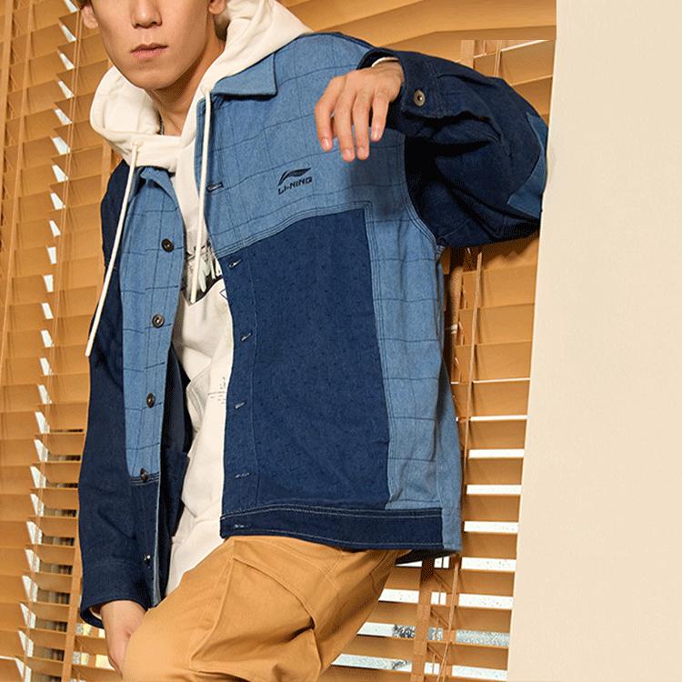 Li Ning Wade Series Spliced Single-Breasted Denim Long Sleeve Jacket Men jackets Blue AJDR445-1