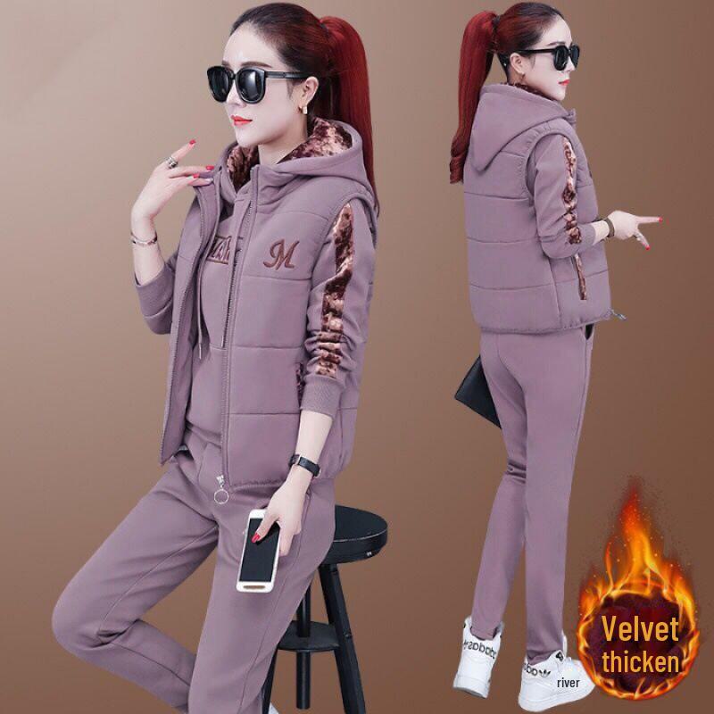 

Женская спортивная одежда больших размеров из бархата: Утолщенный костюм-тройка для повседневной моды осень/зима 2023 L фиолетовый