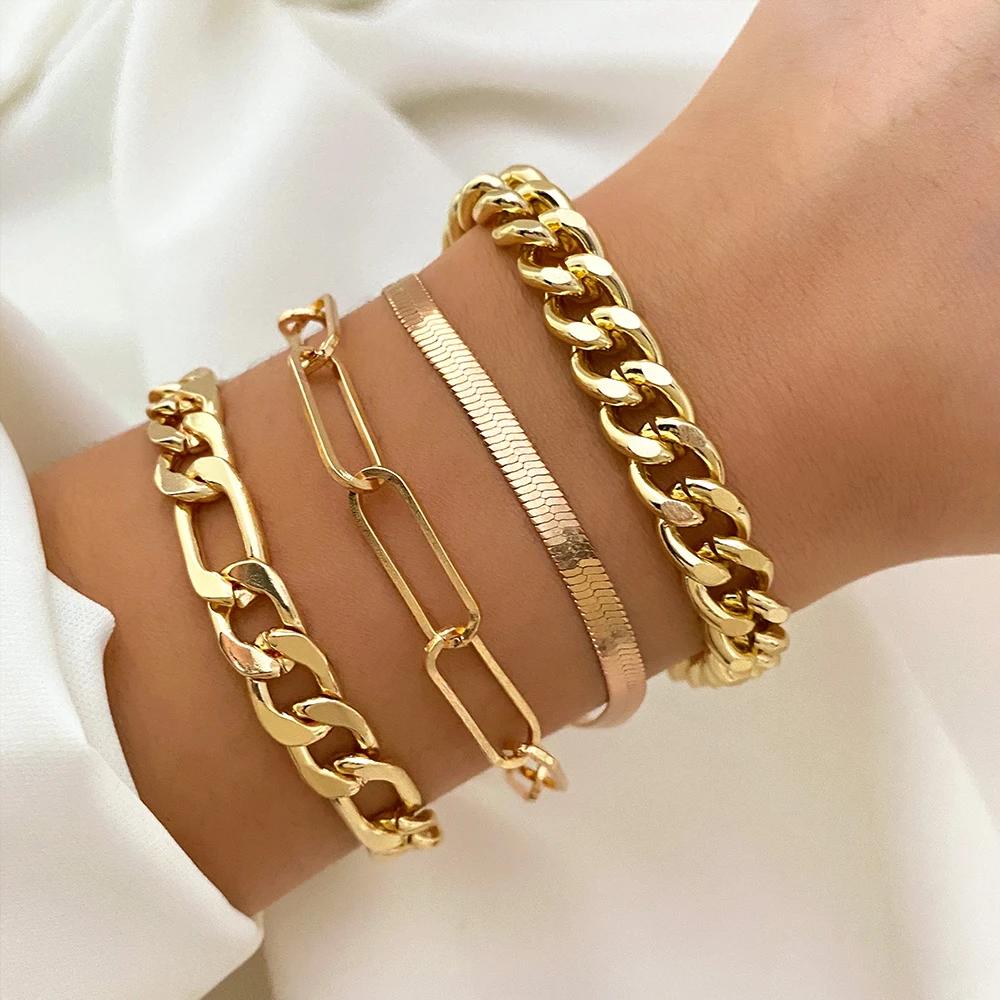3PCS Fashion Thick Chain Link Bracelets for Women Vintage Snake Chain Gold Color Silver Color Bangles Bracelets Set Punk Jewelry