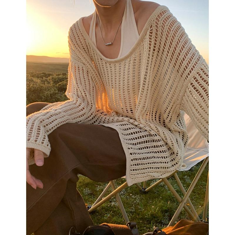 Fashion Loose Long Sleeve Hollow Out Knitted Sweater Women Casual Outer Blouse Thin Hollow Spring Summer Covers Up Long Air-conditioning Shirt Top