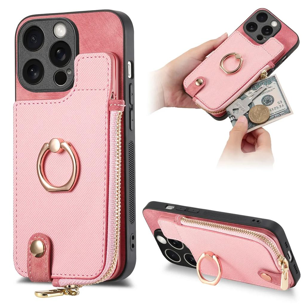 Zipper Vertical Cards Slot Ring Holder Wallet Case For iPhone 15 Pro Max 14 Plus 13 12 11 XS X XR 7 8 SE 2026 Cover Purse Cover