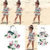 Charmantes 2-teiliges Mädchen-Bikini-Set mit Rüschen und Blumenmuster, mit entzückendem Flamingo-Design