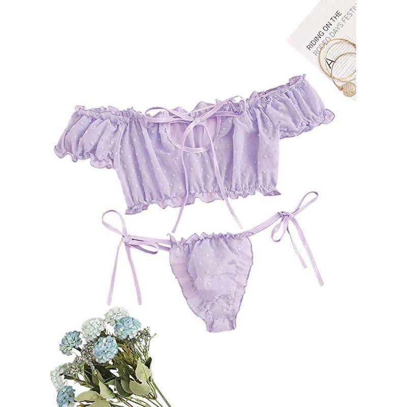 

New Sexy Mesh Underwear Set Hollow Sexy Pullover Pure Color Separates Lace Intimates Suit Violet S