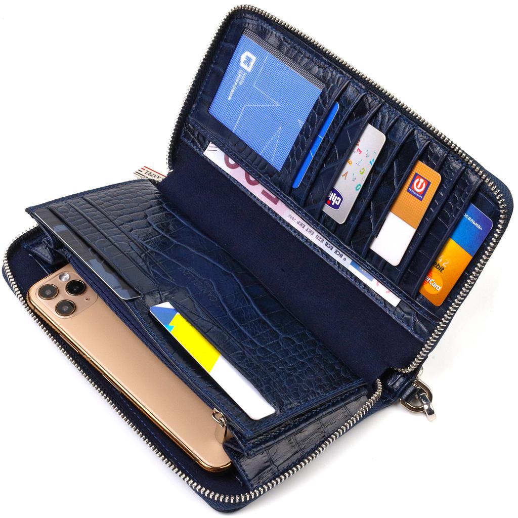 Pohodlná spojka pro ženy z pravé kůže s ražbou krokodýla CANPELLINI 21922 Modrá