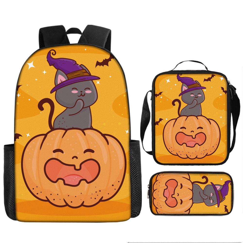 Halloween Backpack Pumpkin Ghost 3-Piece Set Schoolbag Kids Shoulder Bag Cute Bookbag for Boys Girls