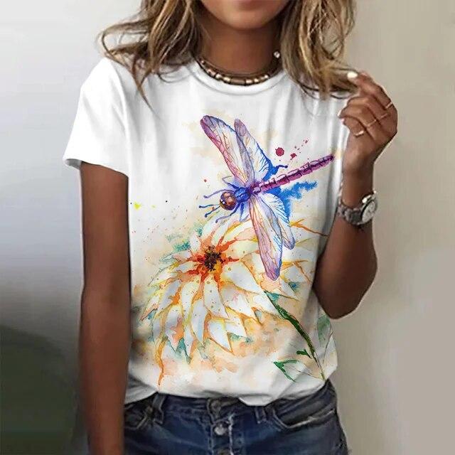 Damska koszulka 3d Dragonfly Printed Girls Top Street O-Neck z krótkim rękawem modna koszulka letnia codzienna koszulka dla kobiet