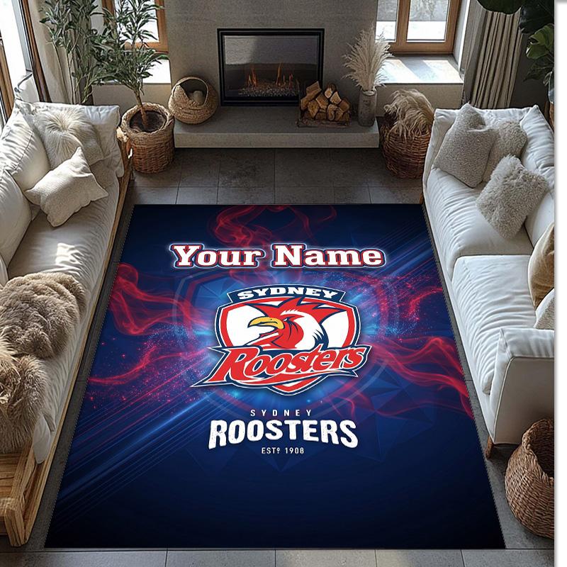 Sydney Roosters Crystal Velvet Rug, Custom Name Text Personalized Non‑Slip Floor Mat for Home Decor Gift