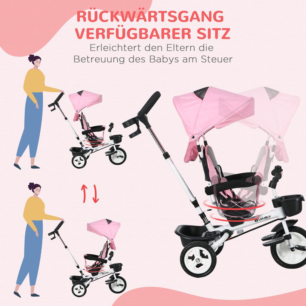 Metal Frame 6 in 1 Baby Push Tricycle with Parent Handle for 1-5 Years Old, Pink