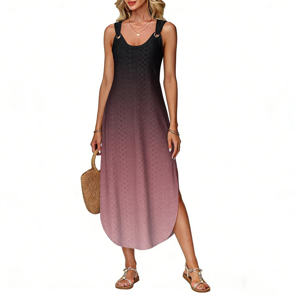 Women's Summer Long Dress, Sleeveless with Side Slits, Long Gradient Vest Dress