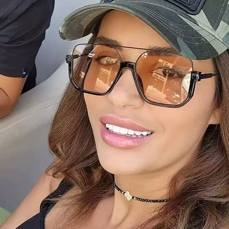 Retro Double Beam Large Frame Metal Sunglasses For Women Men fashion Square Brown Driving Glasses Outdoor Shades UV Resistance