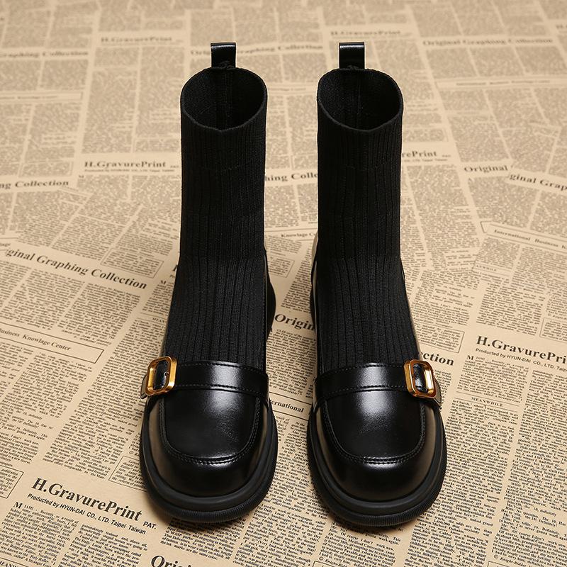 Leather elastic socks boots women's new spring and autumn single boots knitted socks boots thin fried street short boots
