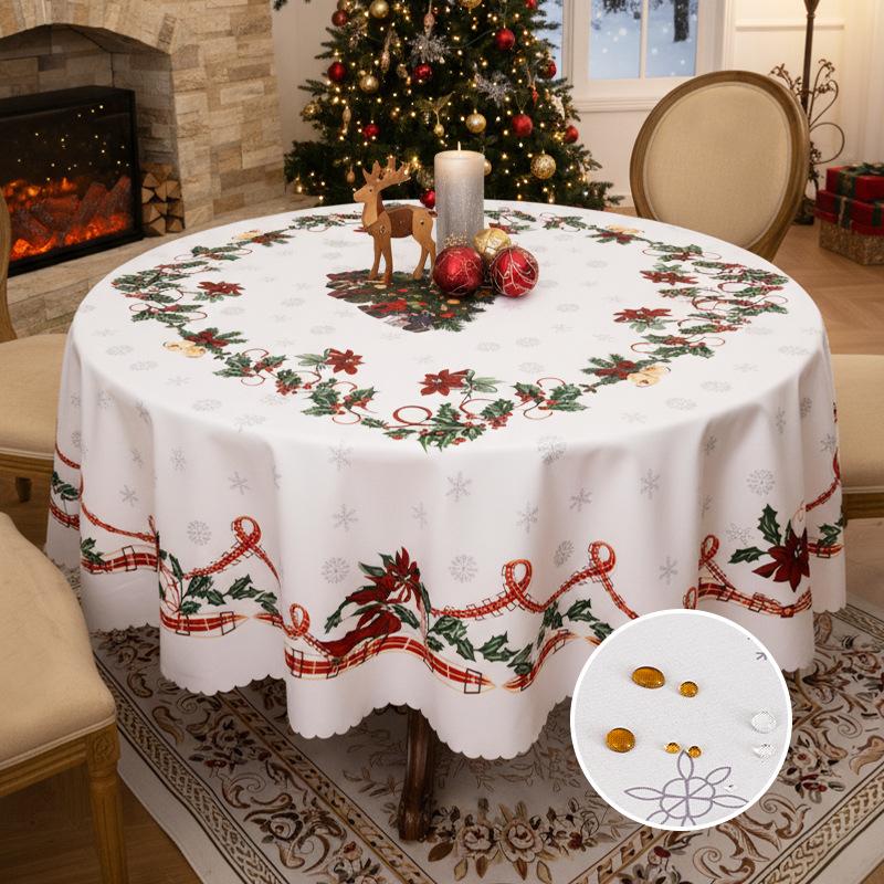 Christmas Printed Round Tablecloth Anti-Stain Holiday Home Decor for Living Room Waterproof Easy-Care Dining Table Decoration Diameter 120cm