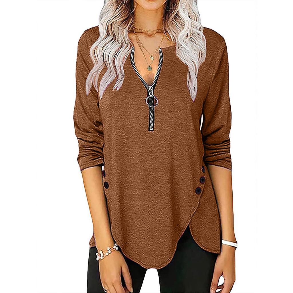 Womens Casual  Zipper Longsleeved Neck Button Tshirt Top