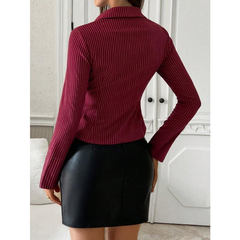 DAFIFY Women's Fashion Casual Spring Autumn Stripe Print Long Sleeve POLO Neck Blouses & Shirts