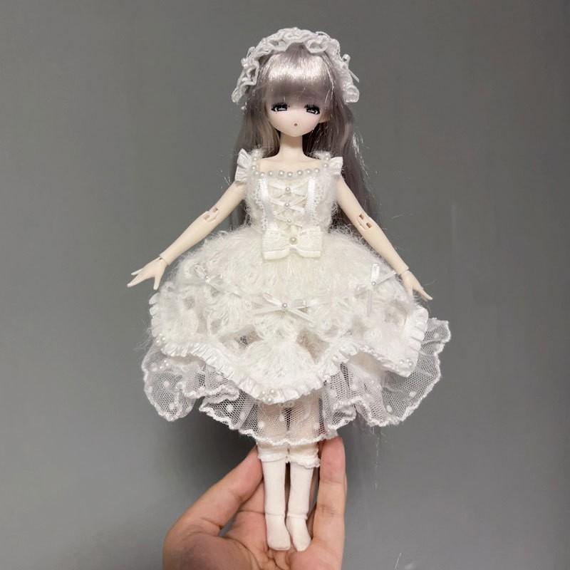6-inch BJD Doll Outfit White Wedding Dress Set With Veil Sleeves Headband Azone OB22