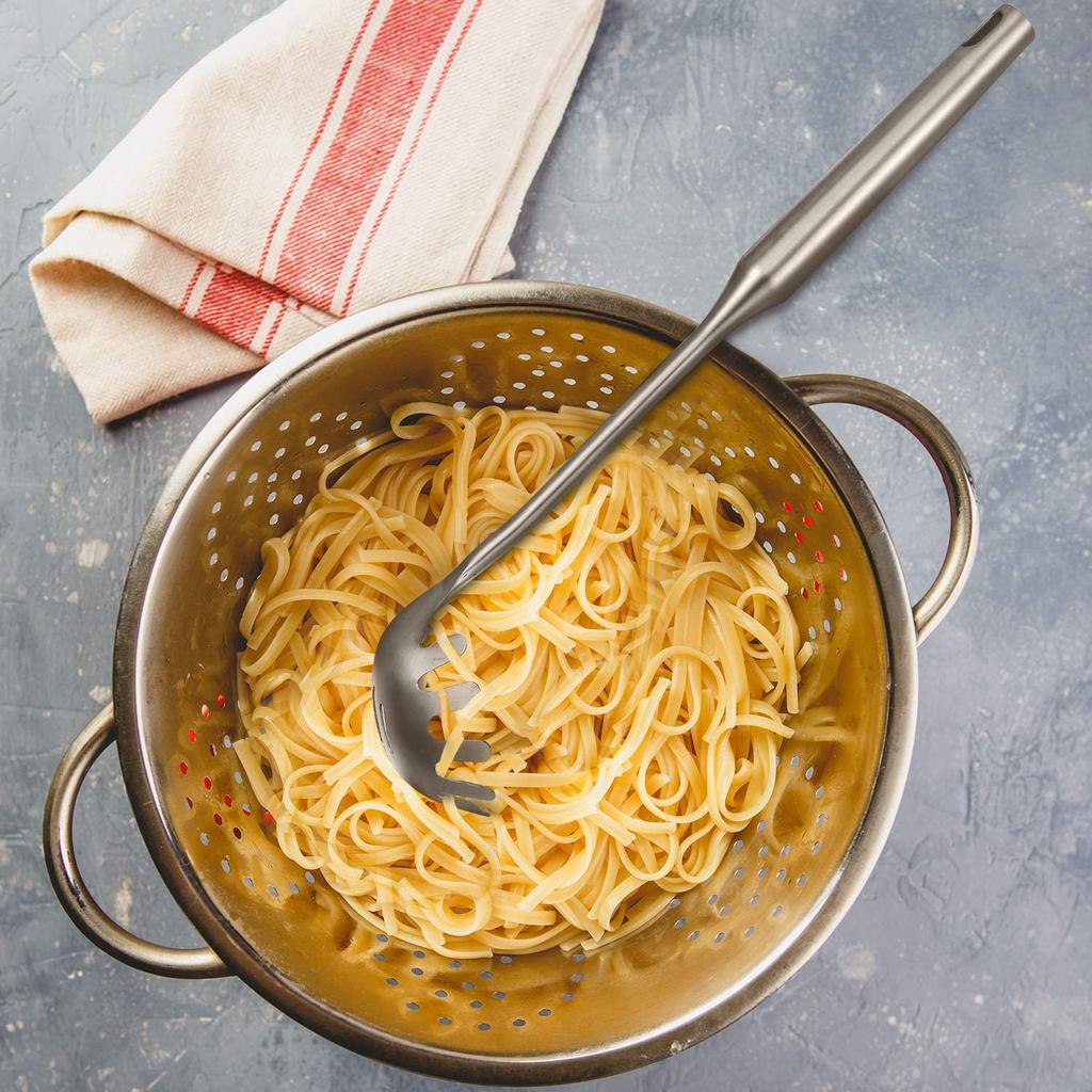 Patelai 2 Pcs Stainless Steel Pasta Spoon with Teeth Large Spaghetti Utensil, 9.4'' Tong and 13.6'' Pasta Fork with Vacuum Handle, Comfortable Grip