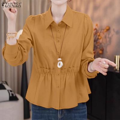 Women Casual Turn Down Collar Solid Color Long Sleeve Blouse
