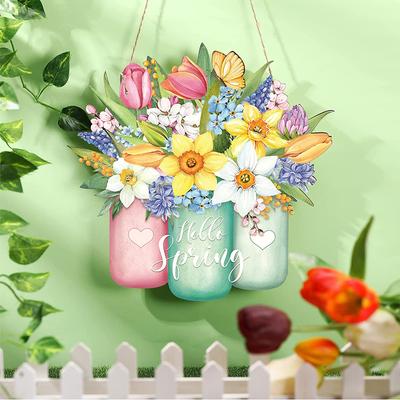 Hello Spring Flower Door Sign for Spring Front Door Wall Home Decorations