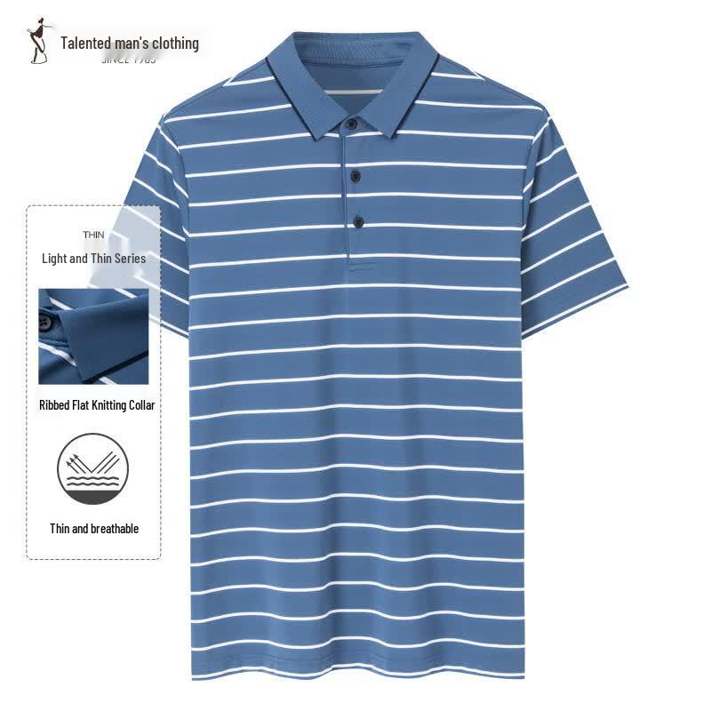 Men s Ribbed Lapel Striped Color-Block Polo Shirt 46