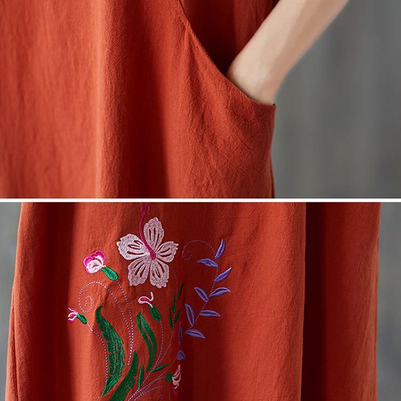 Bumbac și in, stil etnic retro, brodate lejer pentru femei, ocazională, rochie de lungime mijlocie, cu mâneci scurte, cu gât rotund de vară