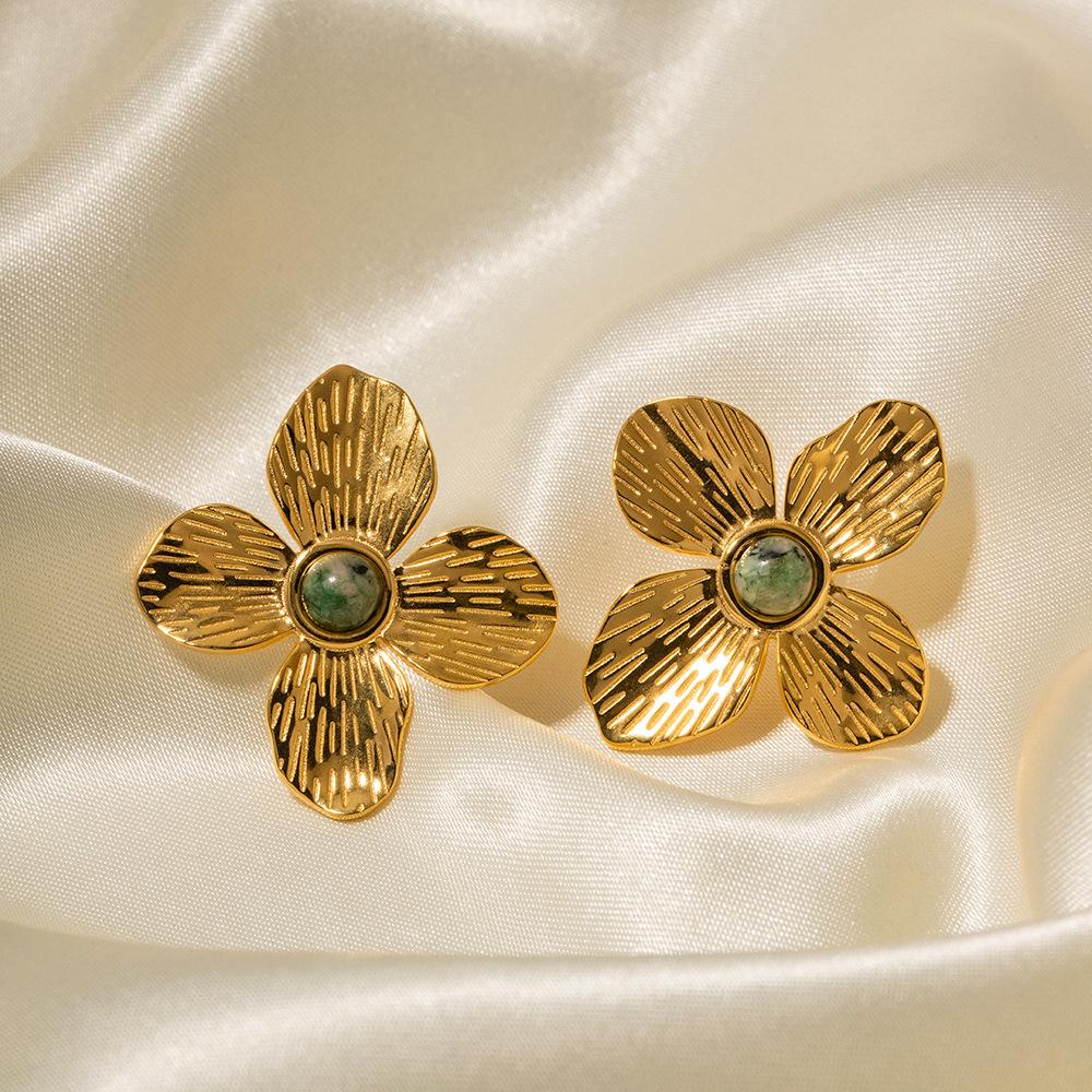 

French Court 18K Gold Turquoise Four-Petal Flower Earrings