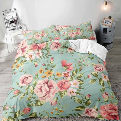 Watercolor Vintage Floral Duvet Cover Botanical Flower Print Three-Piece Set for Women Bedroom Decor with Two Pillowcases