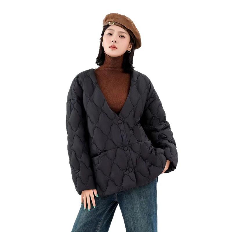 Womens Lightweight Down Coat Winter Warm Loose Fit Mid-Length V-Neck Duck Jacket Black Caramel Beige Gray Coffee