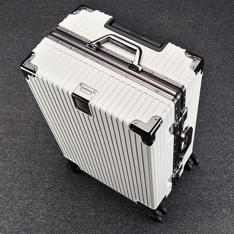 Large Capacity Aluminum Frame Travel Suitcase with Combination Lock, Trolley Wheels, and Durable Design for Men and Women.
