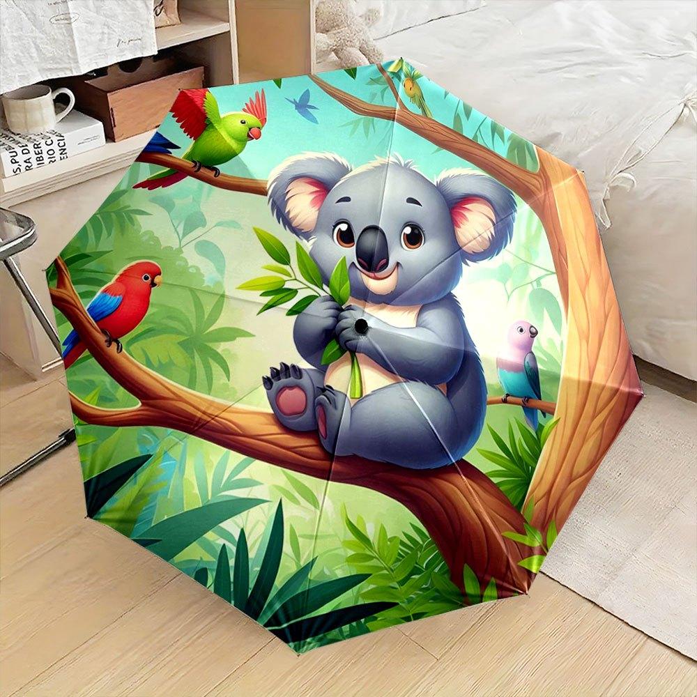 

Folding umbrella Koala holding leaves surrounded by colorful birds in a vibrant forest. Creative portable folding umbrella for Iron&8K