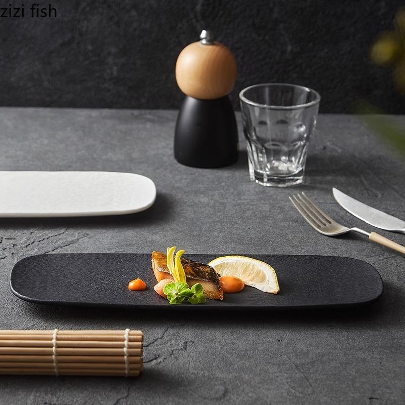 Assiette à longues bandes en céramique givrée à motifs de pierre, plat à sushi créatif, plat à dim sum, plat à sashimi, vaisselle de cuisine moléculaire d'hôtel
