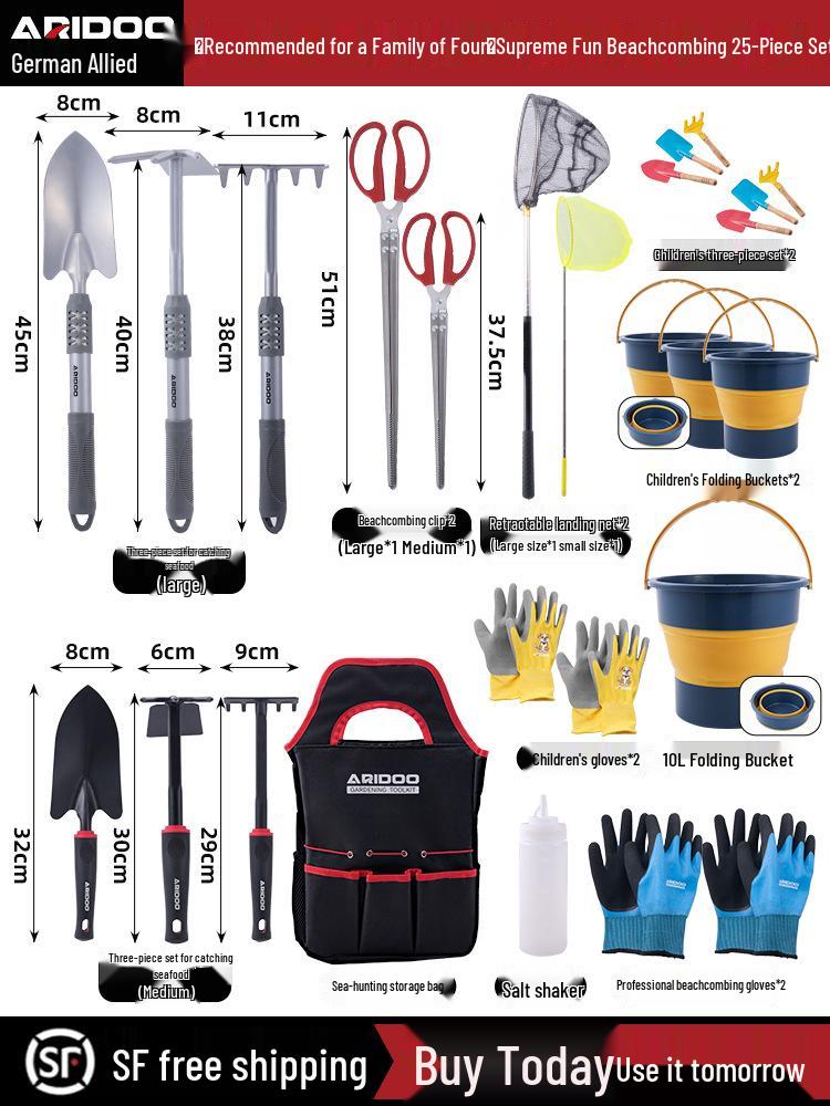Tide-Chasing Tool Kit: Children's and Adults' Seaside Sand and Clam Digging Set with Shovel and Clips