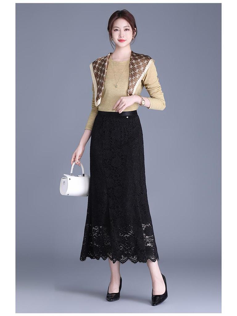 Black Lace Floral Mermaid Midi Skirt - 2026 Spring High-Waist, Slimming, Hip-Hugging Design