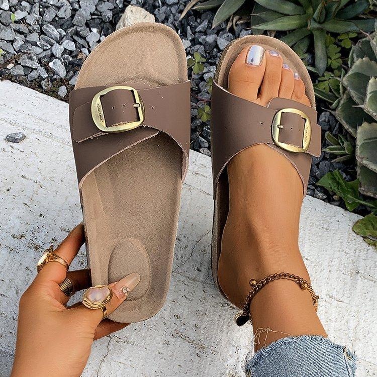 European and American fashion belt buckle open-toed cool slippers women's foreign trade thick-soled muffin slippers women's shoes large size Xia Xin