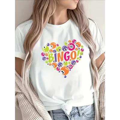 T-shirt a maniche corte con design a cuore Bingo colorato, Abbigliamento casual per casa, bar o festa, Leggera e resistente, Divertente maglietta grafica per adulti