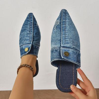 Flat Women Half Slippers Pointed Toe Denim Blue Summer Casual Slippers Women Fashion Lightweight Sandals Home Slides Women
