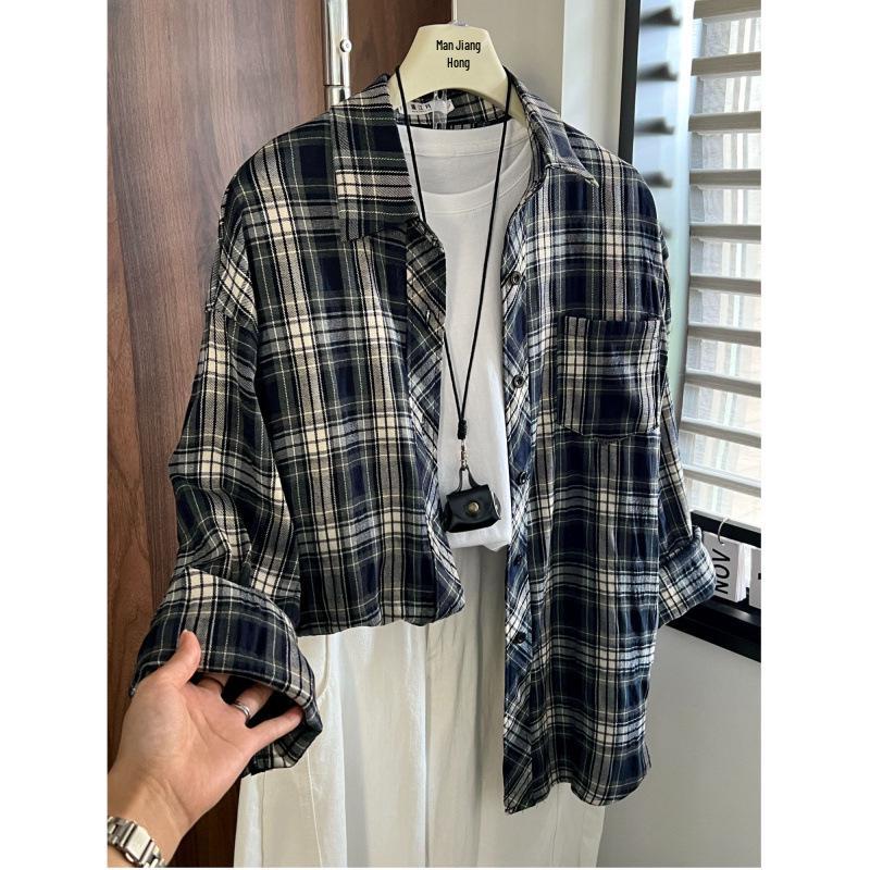Man Jiang Yue Navy Blue Plaid Women's Long Sleeve Shirt - Hong Kong Style Chic & Lightweight