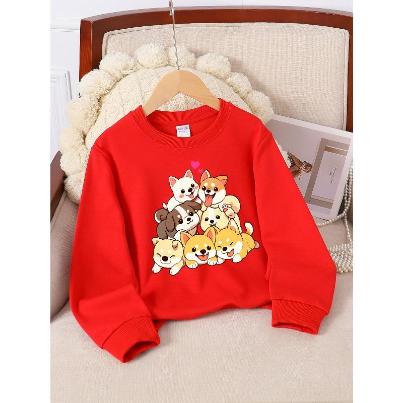 European sizes Girls Crew Neck Sweatshirt Cute Dog Puppies Stack Playful, Soft Cozy Pullover, Warm Casual Outfit
