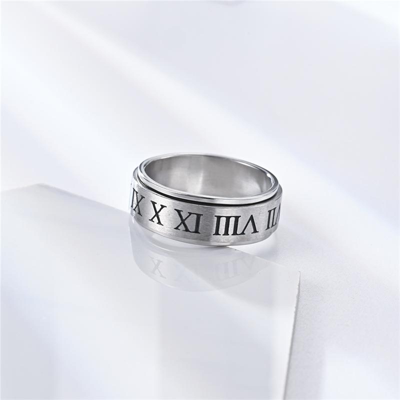 Roman Numerals Stainless Steel Chain Anxiety Rings For Men Silver Rotating Metal Fidget Spinner Ring Anillos De Hombre