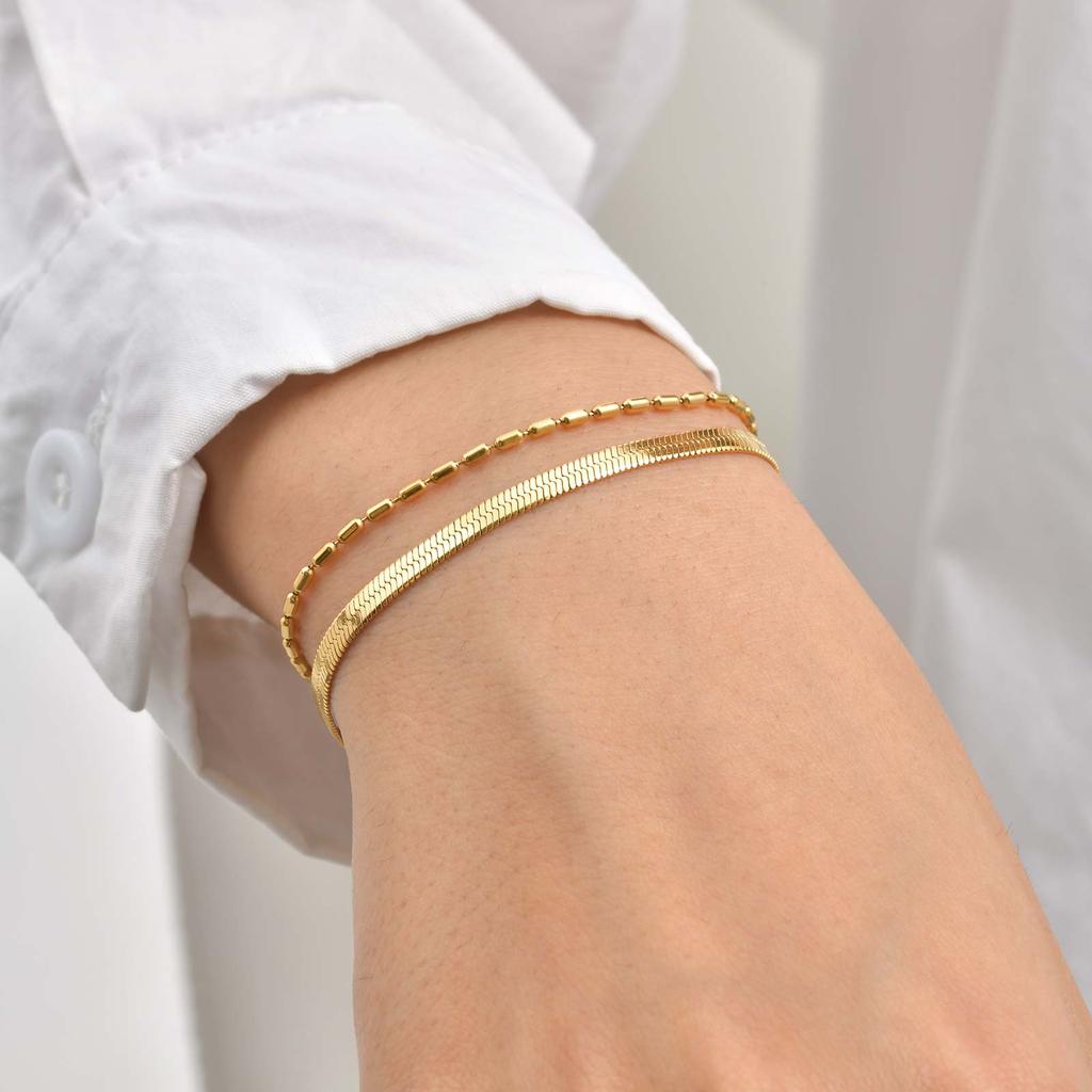 Dainty Bamboo Chain Flat Snake Chain Bracelet for Women,Gold Color Stainless Steel Double Layer Bracelets,Fashion Jewelry Gift