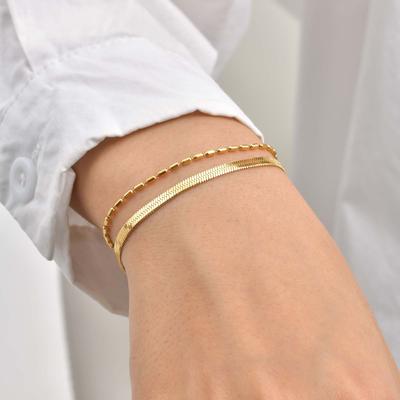Dainty Bamboo Chain Flat Snake Chain Bracelet for Women,Gold Color Stainless Steel Double Layer Bracelets,Fashion Jewelry Gift