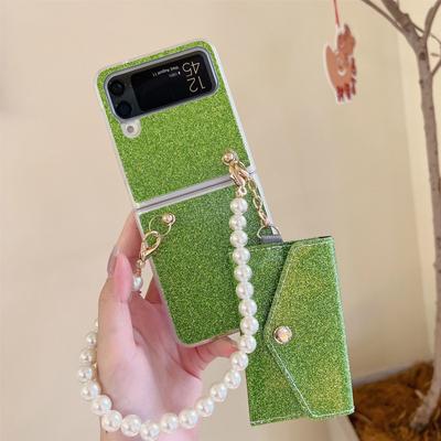 Voor Samsung Galaxy Z Flip 4 5g Luxe Bling Sparkle Glitter Met Parelketting Kaarthouder Case Voor meisjes Vrouwen Anti-Drop Cover