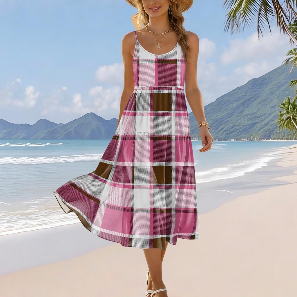 Women’s Plaid Print Adjustable Strap Sleeveless Bohemian Style Casual Beach Holiday Midi Sundress with Pocket