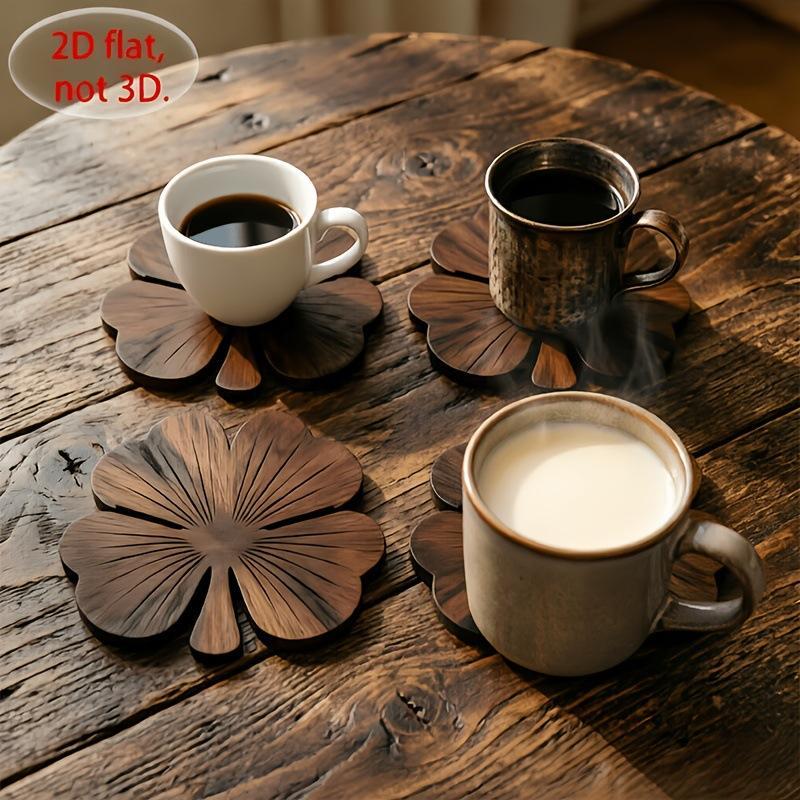 2D Flat Clover Wooden Coasters, 1Pcs Walnut-Colored Coasters, Luxurious Desktop Protection Coaster Set For Coffee And Tea Cups